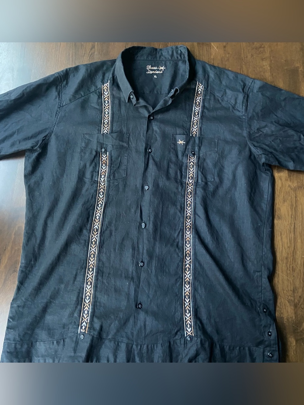 Texas Standard Guayabera Shirt Mens XL Black Linen Cotton Embroidered SS